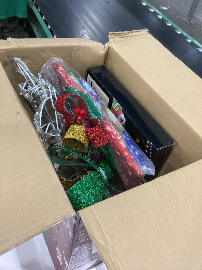 Condition photo showing Good Condition for set of 3 christmas lights decorations, 200 leds lighted christmas reindeer&74 led 3 pack lighted gift boxes with bows&11.8 ft 344 led waterfall tree lights with topper star string lights