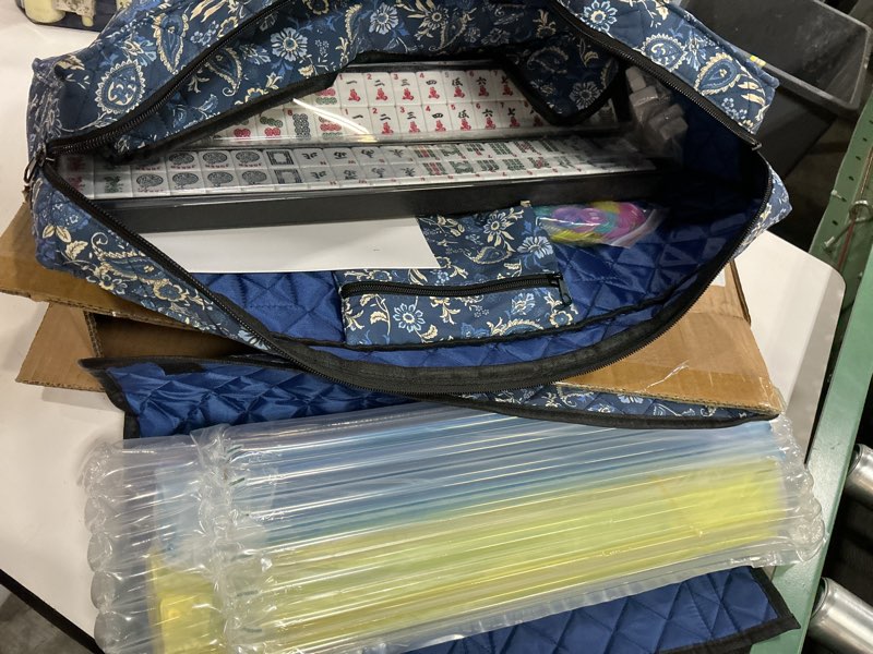 Condition photo showing Good Condition for american mahjong set with blue carrying bag, 166 white tiles, 4 all-in-one rack/pushers, mahjong tiles set (ma jong, mah-jongg, majiang)