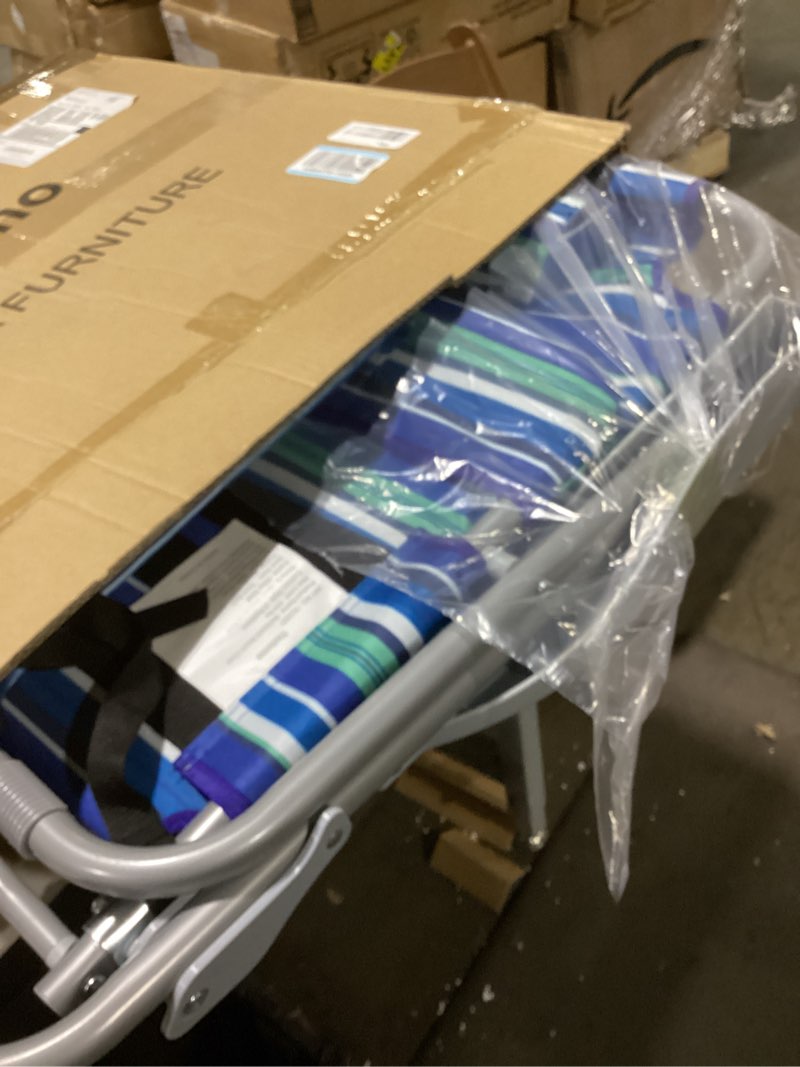 Condition photo showing As Is for yestomo beach chairs for adults heavy duty, compact portable lay flat folding chair with backpack straps and large cooler pouch, support to 350lbs (stripes_blue&cyan) stripes-blue&cyan