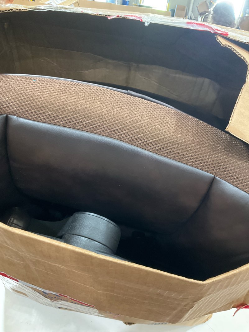 Condition photo showing As Is for amazon basics executive high back office chair, adjustable height, tilt, swivel, padded armrests, brown/gold