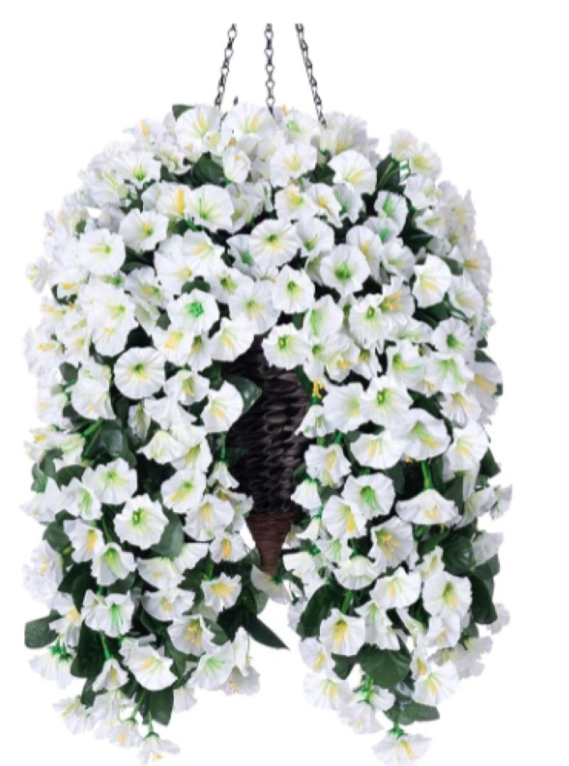 Artificial Fake Hanging Flowers Plants Baskets for Outdoor Outside Decoration, Faux Silk UV Resistant Realistic Fuchsia Morning Glory Planter for Home Porch Patio Balcony Garden Yard A White