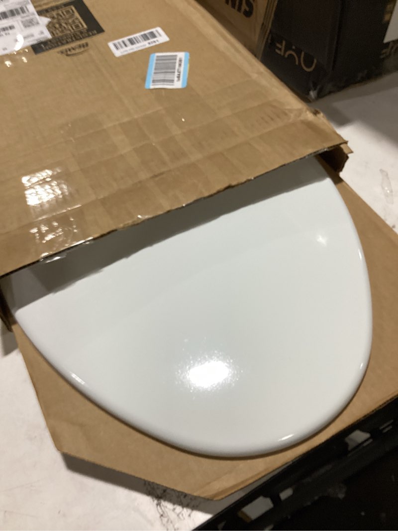Condition photo showing As Is for church toilet seat, easy clean hinges release for deep cleans, durable enameled wood seat, elongated, white elongated white