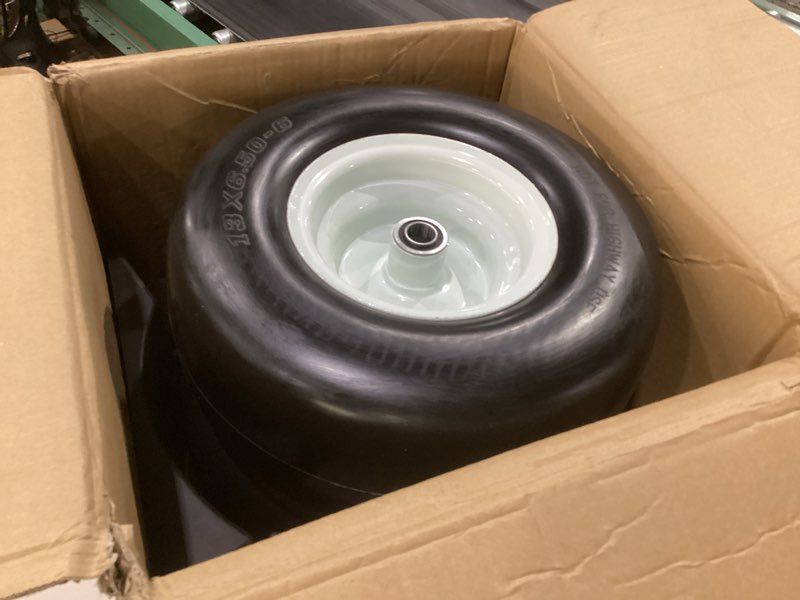 Condition photo showing Good Condition for 13x6.50-6” flat free lawn mower tire and wheel, comes with saver ramp, 3/4" or 5/8" bearing bore, 3"-3.5"-4"-4.5"-5" centered hub, smooth tread tire for zero turn mowers, 2 pcs 13x6506 flat free tires and tire saver ramp