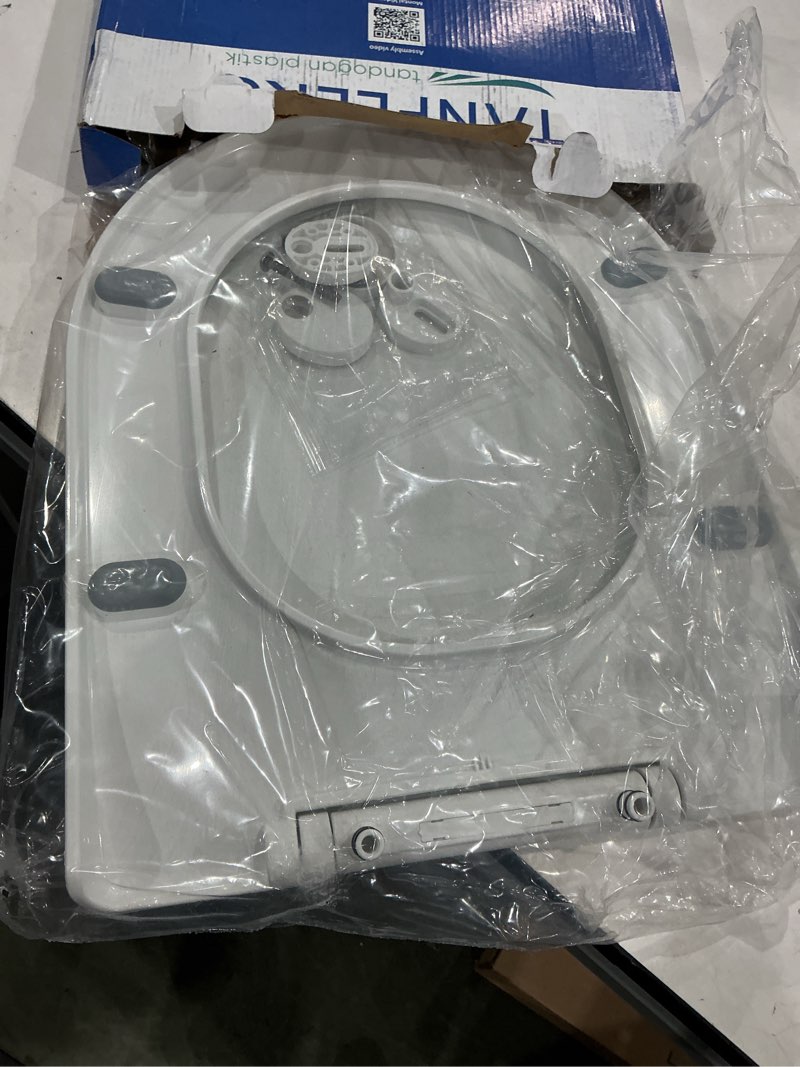 Condition photo showing As Is for soft close d-shape toilet seat, durable thermoplastic toilet seat cover with quick release hinges, easy installation, anti-slip bumpers, fits most standard us d-shape toilets, white