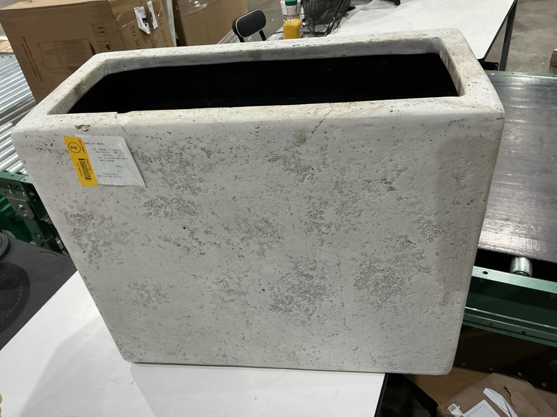 Condition photo showing As Is for composite white wash deck box decorative pot in a smooth cement finish