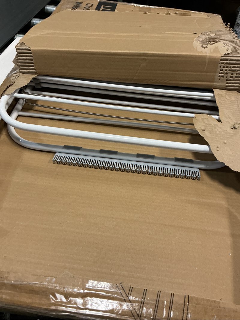 Condition photo showing item condition for SONGMICS Clothes Drying Rack, with Sock Clips, Metal Laundry Rack, Foldable, Space-Saving, Free-Standing Airer, with 2 Height-Adjustable Gullwings, Indoor Outdoor Use, White and Gray ULLR052W02 2 Tiers White + Gray