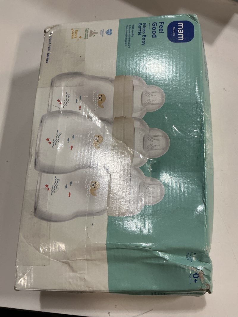 Condition photo showing New/Like New for MAM Premium Glass Baby Bottles, Easy Switch Between Breast and Bottle, Feel Good Slow Flow, Newborn Essentials Must Have, 0+ Months, BPA Free, 6oz, Unisex, 3 Pack 6oz 3 Count (Pack of 1) Cotton