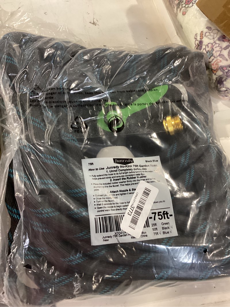 Condition photo showing As Is for junredy garden hose 75 ft, non-expandable heavy-duty flexible & lightweight water hose with 10-function nozzle, no-kink, leak-proof super fabric, solid fittings for lawn, car, outdoor (black blue) black blue 75