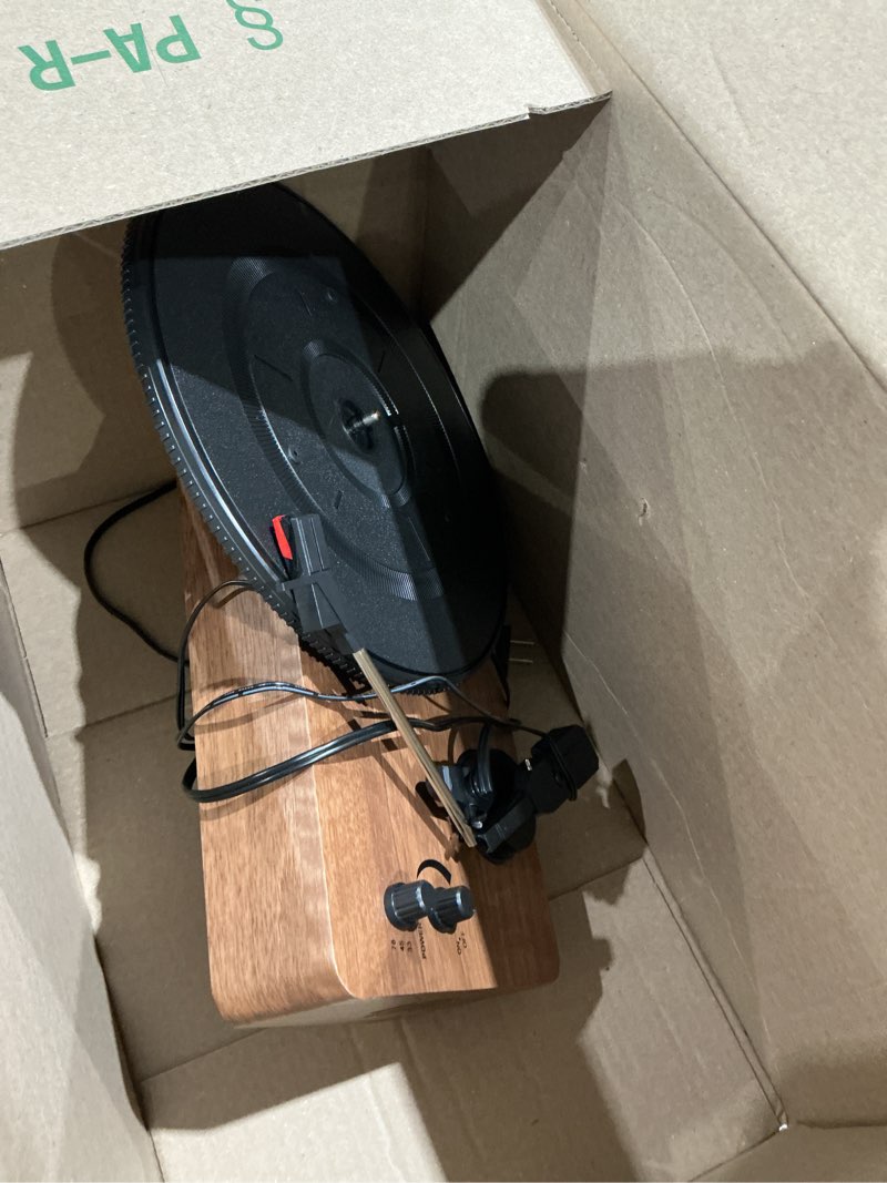 Condition photo showing As Is for elegant vintage bluetooth record player with built-in speakers, 3-speed turntable, classic wood vinyl player for living room, bedroom, home décor and gift giving wood grain