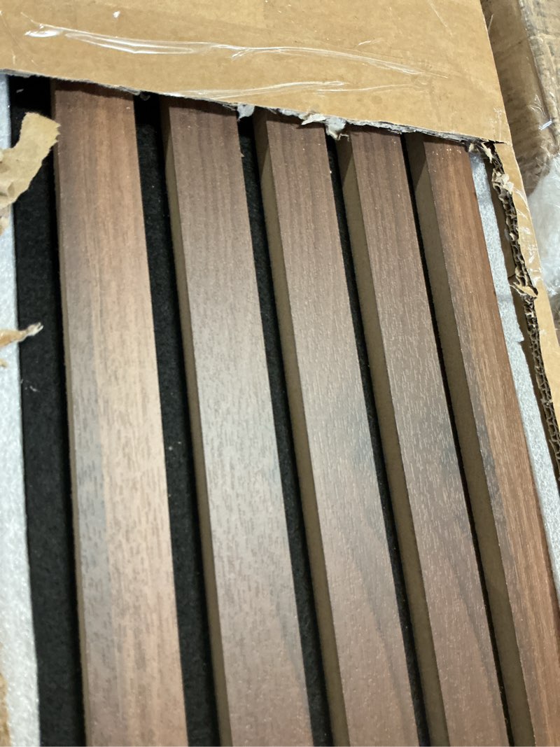 Condition photo showing As Is for Art3d 6-Pack Acoustic Wood Slat Wall Panels for Interior Decor, 3D Fluted Sound Absorbing Wood Paneling for Accent Wall Ceiling Kitchen Living Room Bedroom Office, 94.5 x 7.9 inch Deep Walnut