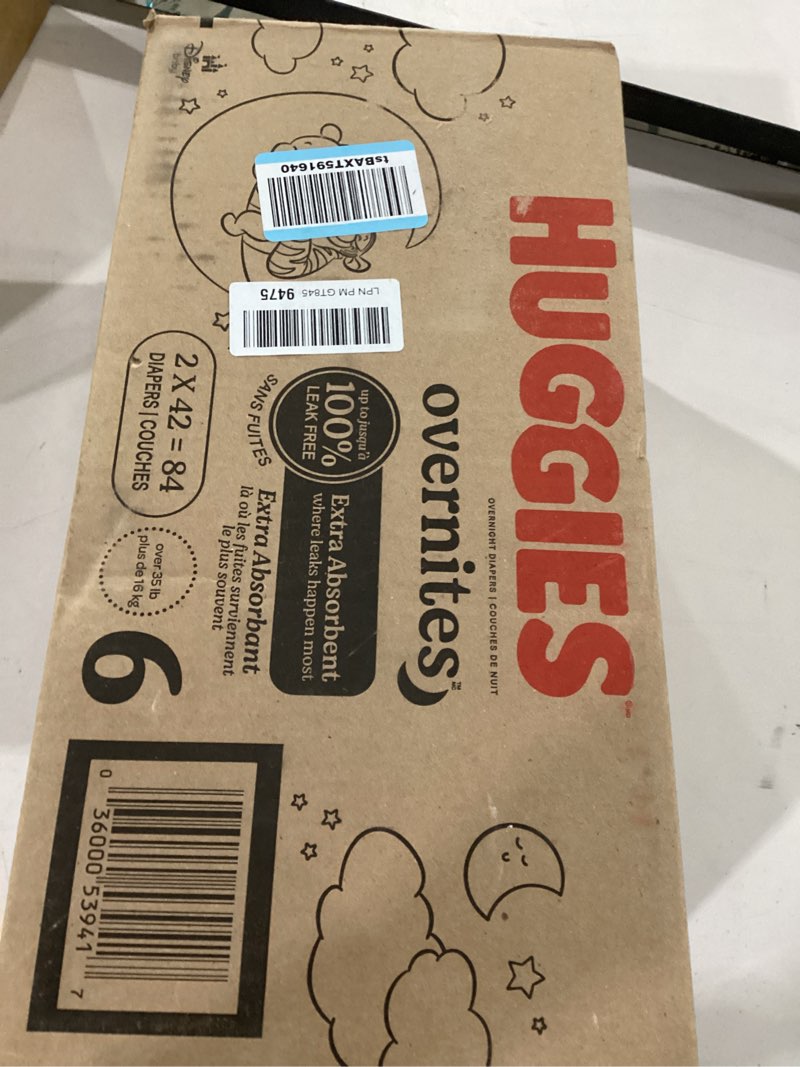 Condition photo showing New/Like New for huggies size 6 overnites baby diapers: overnight diapers, size 6 (35+ lbs), 84 ct (2 packs of 42), packaging may vary size 6 84