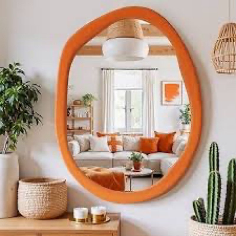 Irregular Asymmetrical Wall Mirror, 32" x 24" Flannel Wrapped Wooden Frame Frame Mirror for Living Room Bathroom Entryway, Hanging or Leaning Against Wall(Grey)