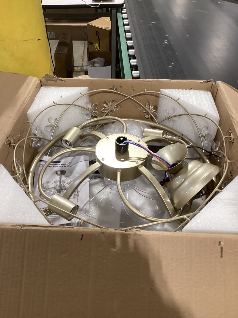 Condition photo showing Good Condition for 20 inch gold caged ceiling fan with light, flower chandelier ceiling fan with lights remote control, frower crystal fandelier 6 speeds for girl's bedroom, living room 20 inch fandelier gold caged ceiling fan with light