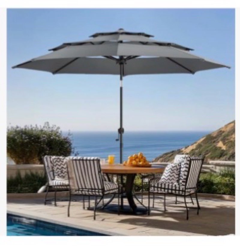 10ft patio umbrella 3 tiers outdoor market umbrella w/push button tilt, crank, uv and waterproof table umbrella for garden, pool, backyard, deck, lawn, beige