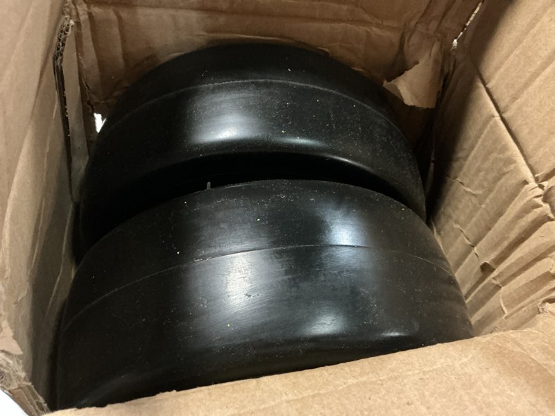 Condition photo showing As Is for (2-pack) big red 10'' solid rubber tires and wheels, 4.10/3.50-4" flat free tubeless with 5/8" axle bore hole bearings, 2.17"offset hub, for truck,wheelbarrow, utility cart, dolly, garden metal wheel hub