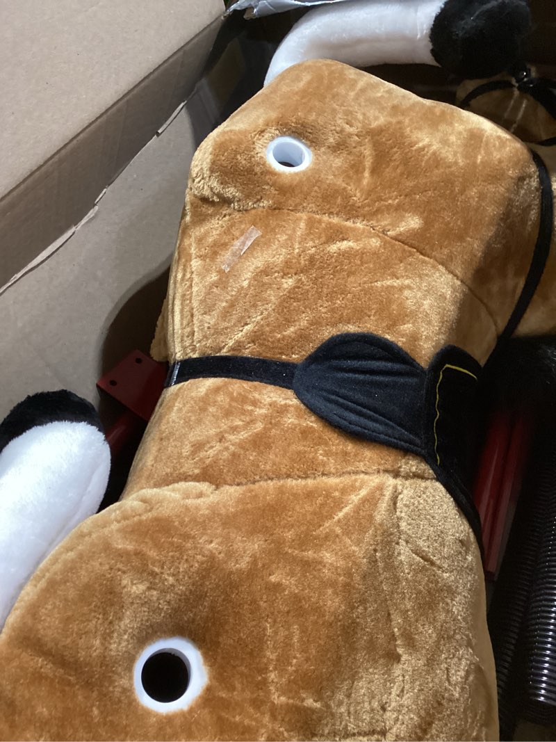 Condition photo showing Good Condition for Spring Rocking Horse - Plush Bouncy Ride-On Toy with Fun Sounds, Wood Handles, and Adjustable Stirrups for Kids Ages 3 to 6 by Happy Trails (Brown)