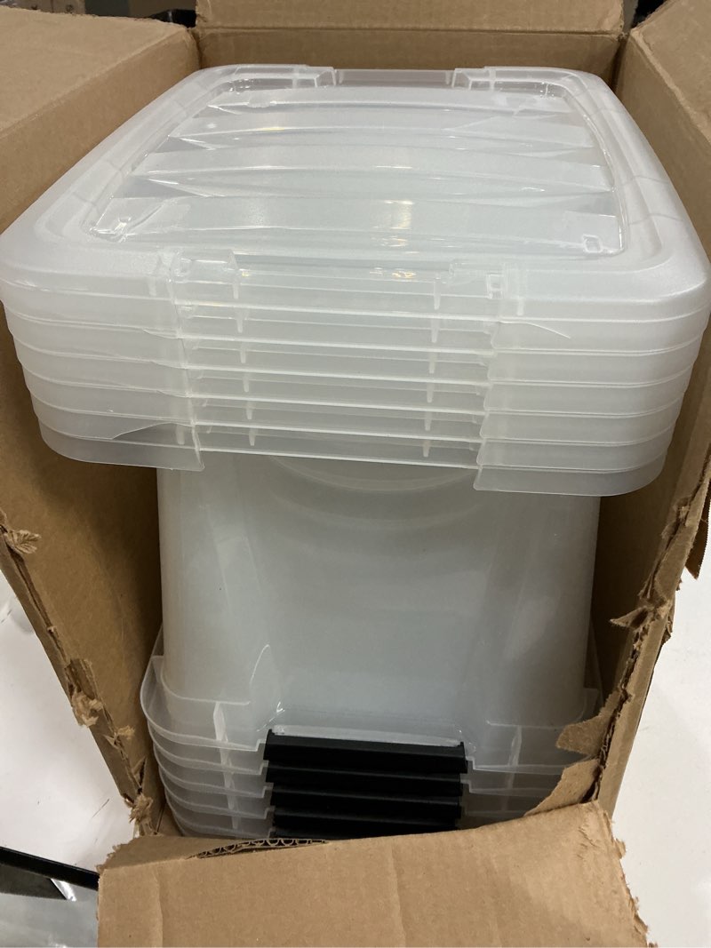Condition photo showing As Is for iris usa 19 qt clear plastic storage box with latches  6 pack