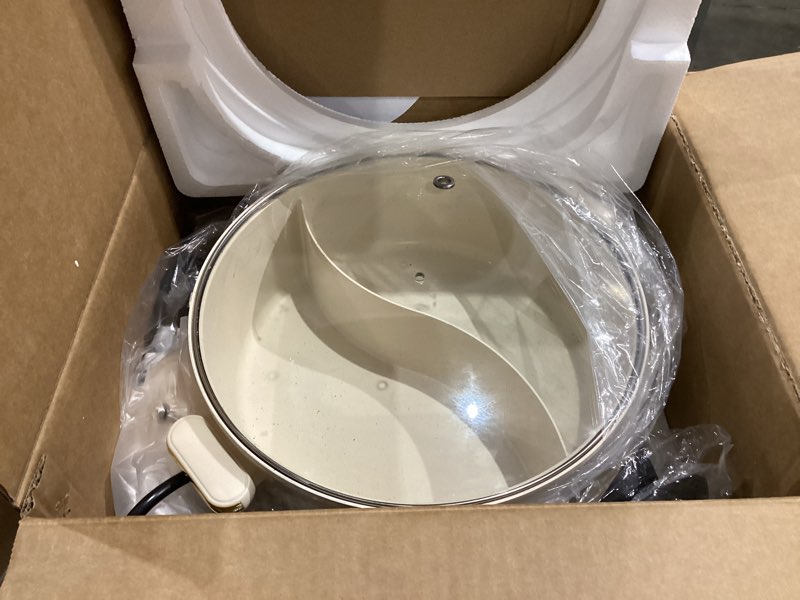 Condition photo showing As Is for Dezin Hot Pot Electric with Divider, 6L Double-Flavor Shabu Shabu Pot, Dual Sided Removable Non-Stick Hotpot Pot Electric, 3" Depth Chinese Hot Pot with Multi-Power Control, 2 Silicone Ladles Included Beige