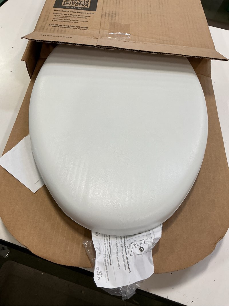 Condition photo showing As Is for Mayfair Padded Toilet Seat with Chrome Hinges, Soft Vinyl over Wood Core Seat, Made in USA, Elongated, White Elongated Seat