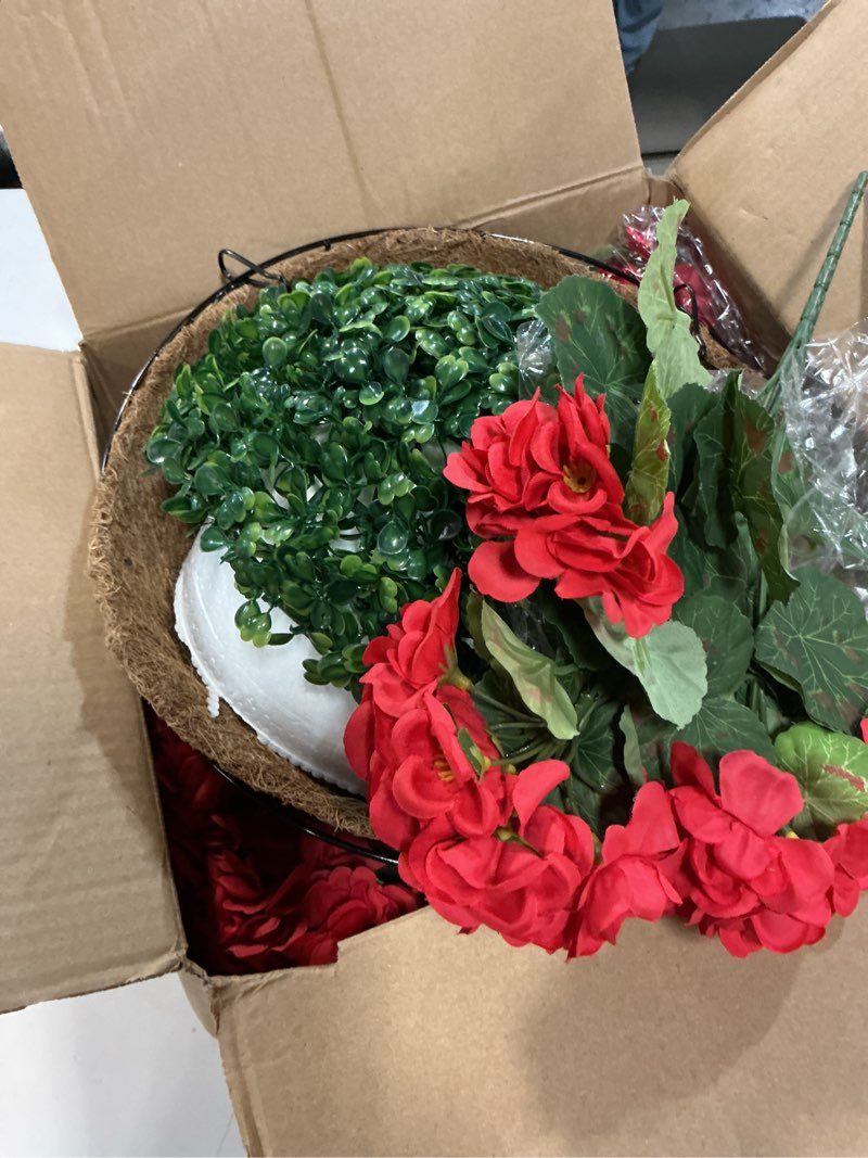 Condition photo showing Good Condition for inspring geraniums artificial flowers hanging basket for outdoors outside spring decoration, 8 bundles silk flowers fake plants look real uv resistant for porch home patio balcony yard, red