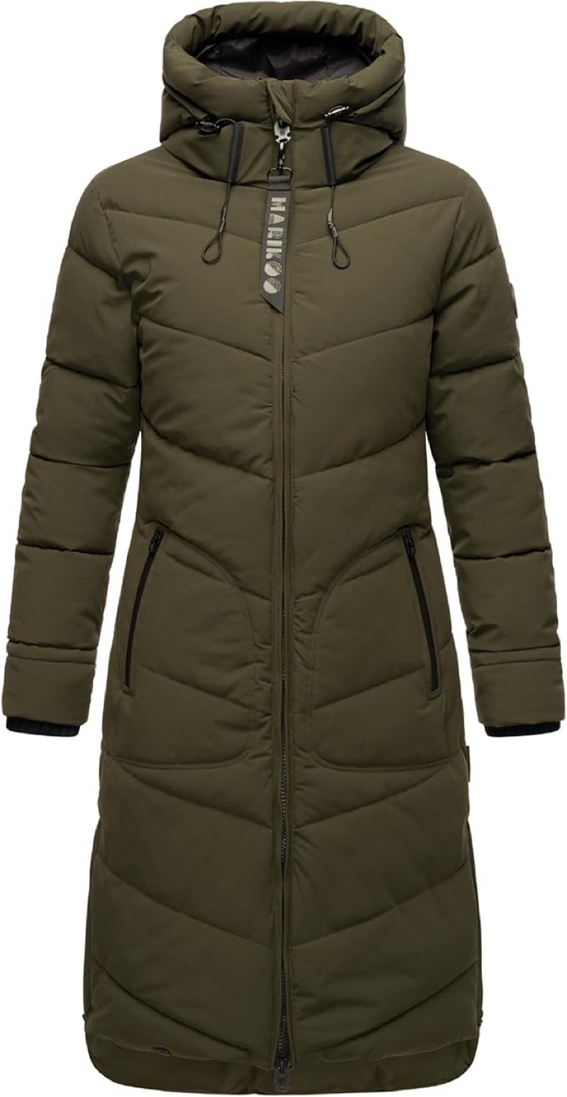 marikoo women's long quilted winter jacket with hood - puffer coat in knee-length - benikoo l