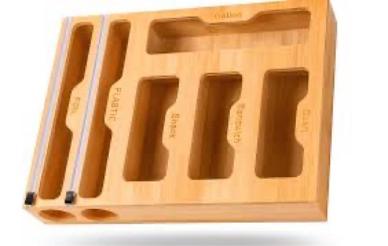 Bamboo Ziplock Bag Organizer with Wrap Dispenser - Fits Gallon, Quart, Sandwich & Snack Bags