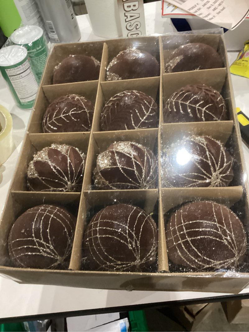 Condition photo showing New/Like New for 3.15INCH Brown Velvet Ornaments for Christmas Tree, 12PCS Glitter Flocked Christmas Ornaments Decorations Balls Set Decor A Brown 3.15inch-12pcs