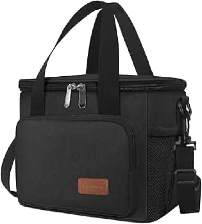 femuar reusable lunch box for men/women - insulated lunch bag leakproof lunchbox for work office picnic beach - freezable lunch cooler bag with adjustable shoulder strap - black