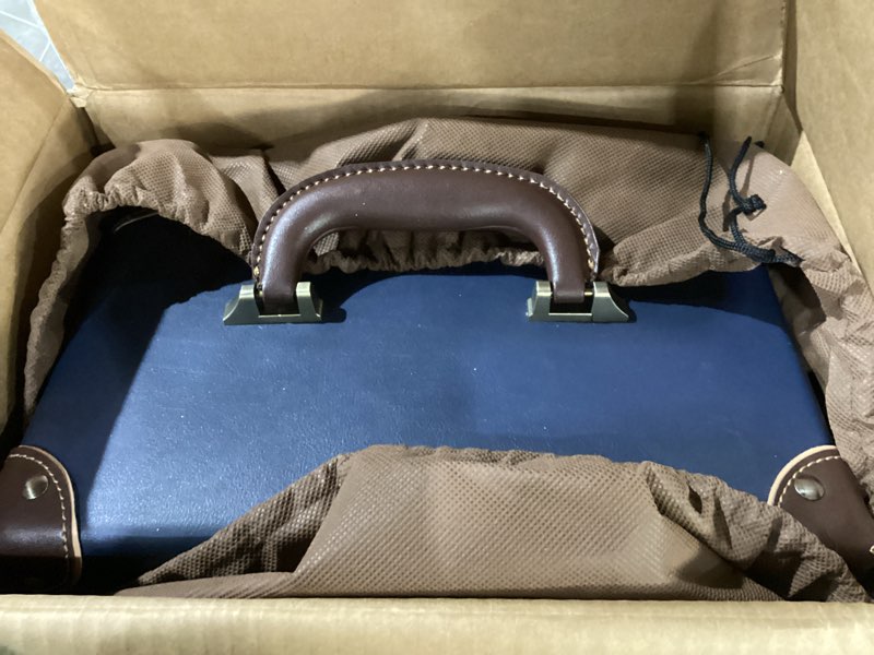 Condition photo showing Good Condition for urecity vintage makeup train case, navy blue artificial leather, professional cosmetic organizer with metal combination lock, retro style storage box retro blue medium (length: 12.5")