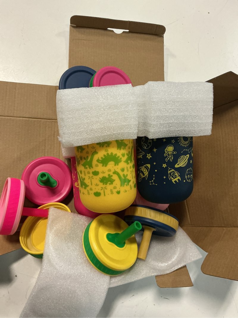 Condition photo showing Good Condition for sursip toddler glass sippy cups, kids baby 12 oz spill-proof water tumbler with straw and lids, smoothie snack mason jar for travel school or at home, 4 packs pink/mermaid seaweed/galactic sky/dino 12 ounces