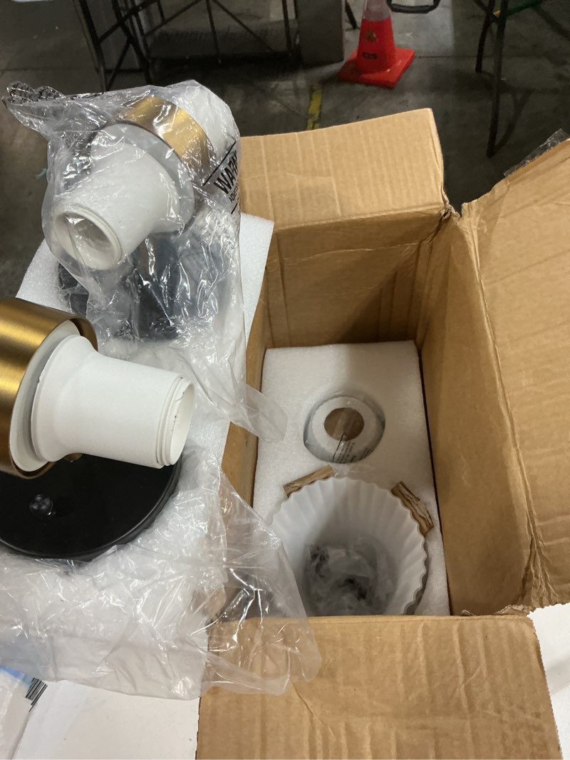 Condition photo showing Good Condition for wall sconces set of two, hwh 14.3 inch black and gold bathroom sconces with frosted milk white striped glass, up down modern wall light fixtures for living room bedroom, 5hzg97b-2w-2pk bk+bg black and gold 2-light*2