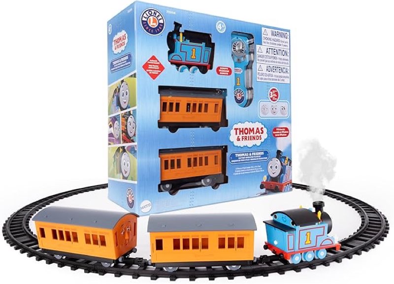 lionel mattel thomas & friends battery o gauge toy train set with remote, locomotive, train cars, & track with authentic train sounds, lights, & water vapor smoke effects