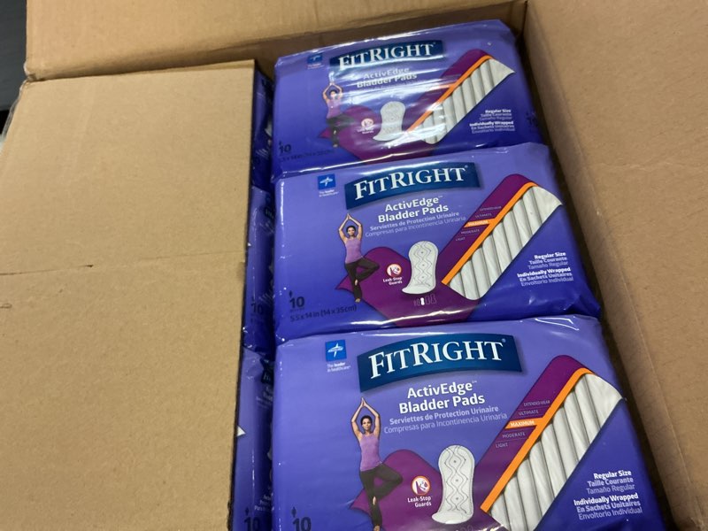 Condition photo showing New/Like New for FitRight Incontinence Bladder Control Pads, Maximum Absorbency, 5.5" x 13.75", 10 Count (Pack of 12)