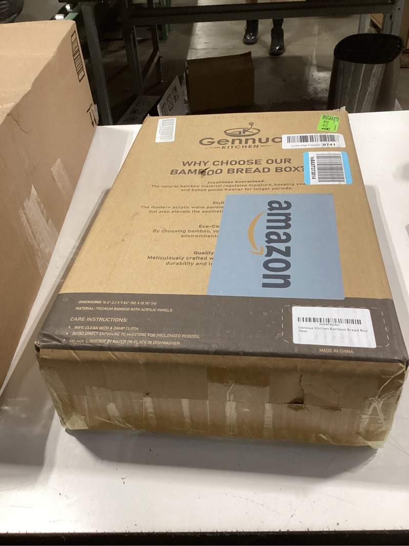Condition photo showing New/Like New for extra large bamboo bread box for kitchen countertop, dual-layer breadbox provides double the bread storage space, holds multiple loaves, durable & beautiful with frosted acrylic panels