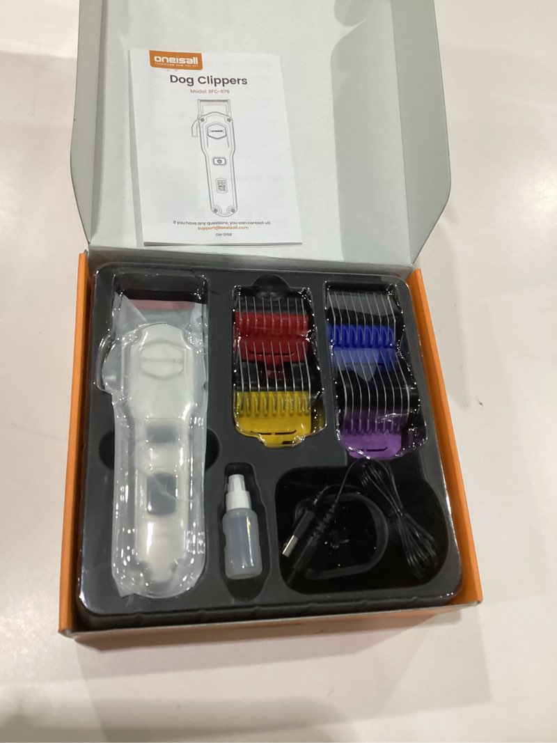 Condition photo showing Good Condition for oneisall professional dog grooming clippers: cordless rechargeable thick hair clipper with detachable metal combs, low noise heavy-duty pet clippers for curly/fine/wavy hair, 676pro (silver) stainless steel color with metal combs, not tested