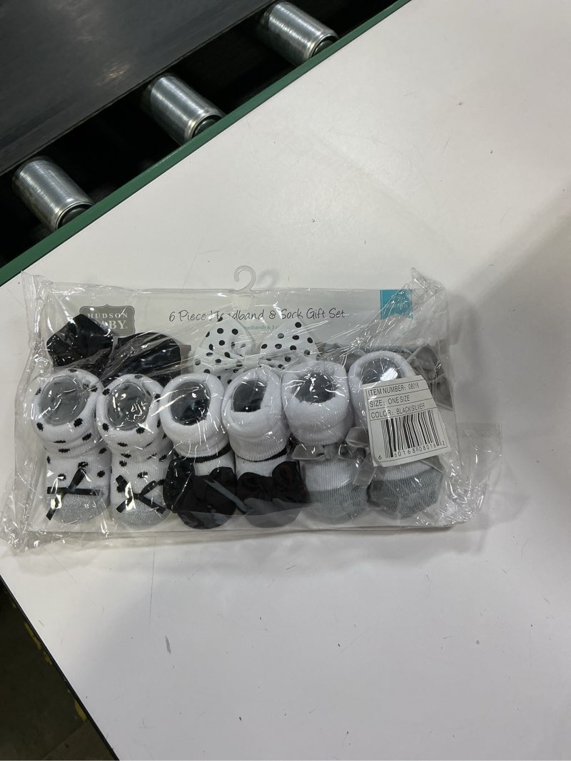Condition photo showing New/Like New for Hudson Baby Infant Girl Headband and Socks Giftset, Black Silver, One Size