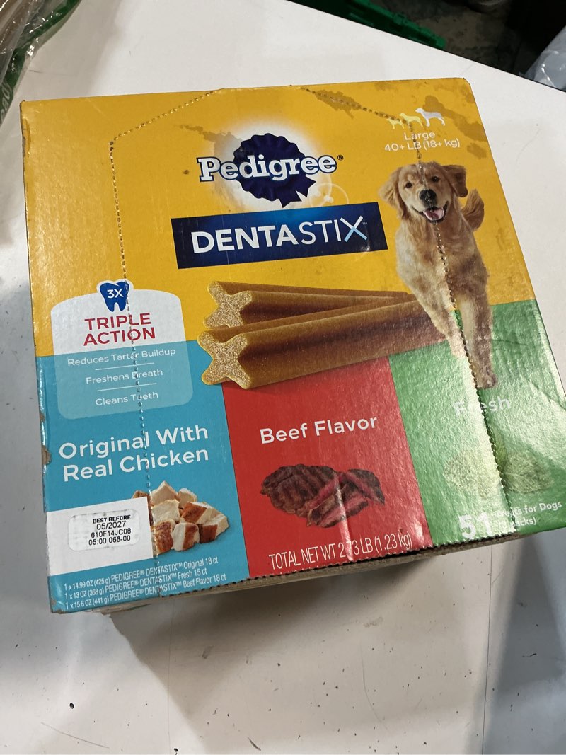 Condition photo showing New/Like New for (brst by 05-2027)pedigree dentastix large dog dental care treats original, beef & fresh variety pack, 2.73 lb.pack (51 treats)