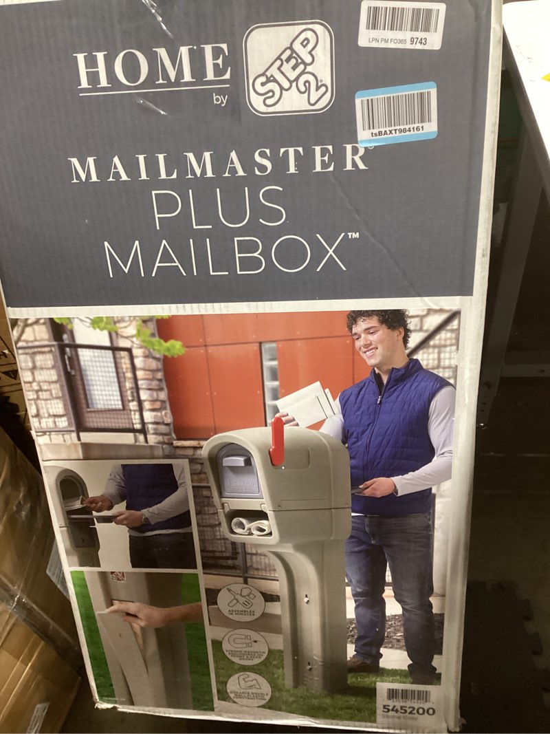 Condition photo showing As Is for Step2 MailMaster Plus Mailbox, Easy to Install, Newspaper Holder, Heavy-Duty Plastic, Weather Resistant, Stone Gray