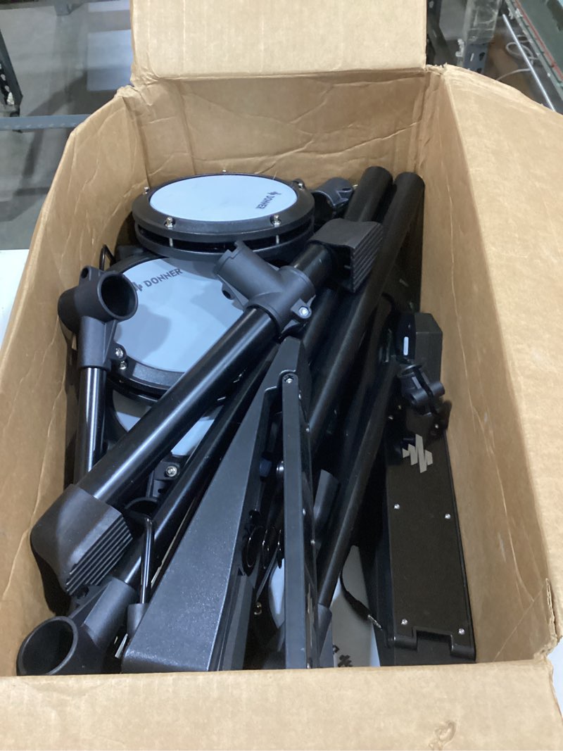 Condition photo showing As Is for donner electric drum set, ded-70 electronic drum kit for beginner with 150 sounds, 4 quiet mesh pads, 9" cymbals, usb midi, type-c charging, 2 pedal, throne, headphones, sticks, melodics lessons black