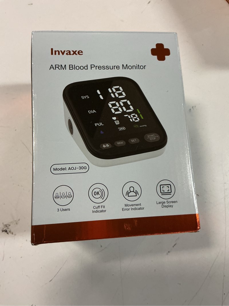 Condition photo showing New/Like New for blood pressure machine, automatic upper arm blood pressure monitor with 2x199 readout, 4.5 inch backlit large screen adjustable large cuff 9 to 17 inches - arrhythmia and home hypertension detector