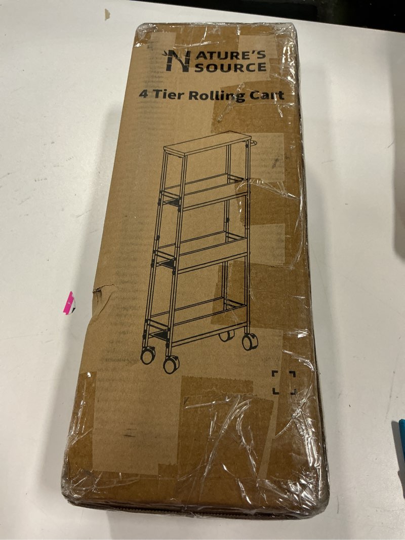 Condition photo showing New/Like New for 4 Tier Slim Rolling Storage Cart Narrow Space Utility Cart with Handle Metal Frame with Wood Top Table Sturdy Cart Organizers and Storage for Kitchen Bathroom Laundry Office, 5.1 Inches Deep Black