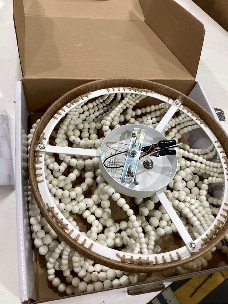 Condition photo showing Good Condition for viluxy bohemia wood beaded flush mount ceiling light antique rustic mini chandelier white finishing for bedroom,nursery room, girl room, hallway, entryway, passway, dining room, 3-light