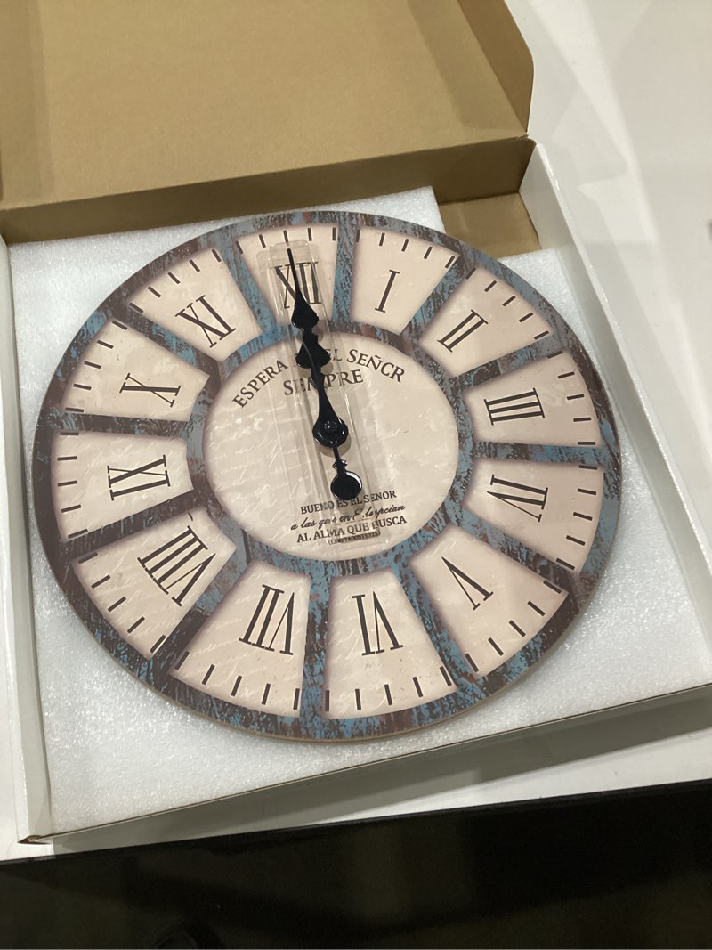 Condition photo showing New/Like New for Wooden Wall Clock for Living Room Decor 14 Inch Decorative Clocks for Walls Round Battery Operated Wall Clock Non Ticking(No Solid Wood, It is with MDF Material) 14 Inch Blue1