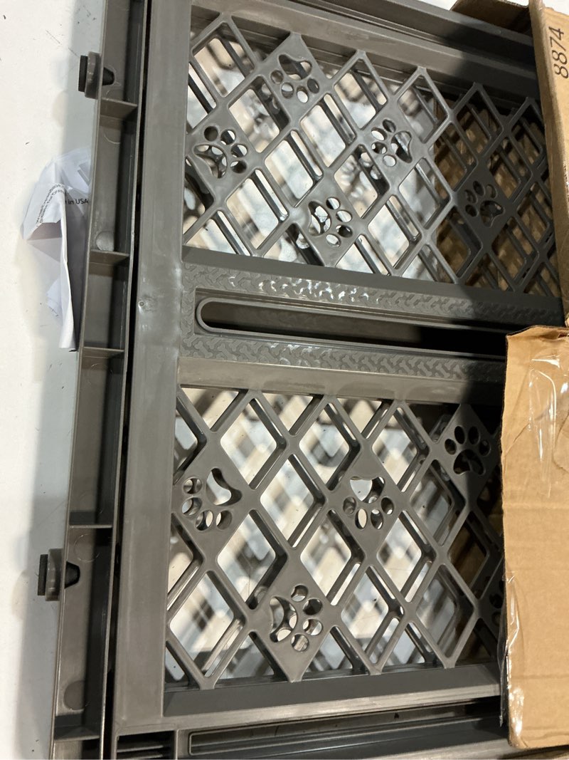 Condition photo showing Good Condition for mypet north states paws portable pet gate: 26-40" wide. pressure mount. no tools needed. made in usa, 23" tall, expandable, durable dog gates for doorways, fieldstone gray
