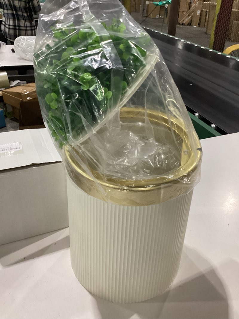 Condition photo showing Good Condition for Yatmung Bathroom Trash Can with Lid - Decorative Trash Bin (Faux Plant) - Small Bathroom Garbage Can - Bedroom, Living Room, Entryways - Plastic Hidden Waste Basket - 2.6 Gal, Cream with Gold Edge