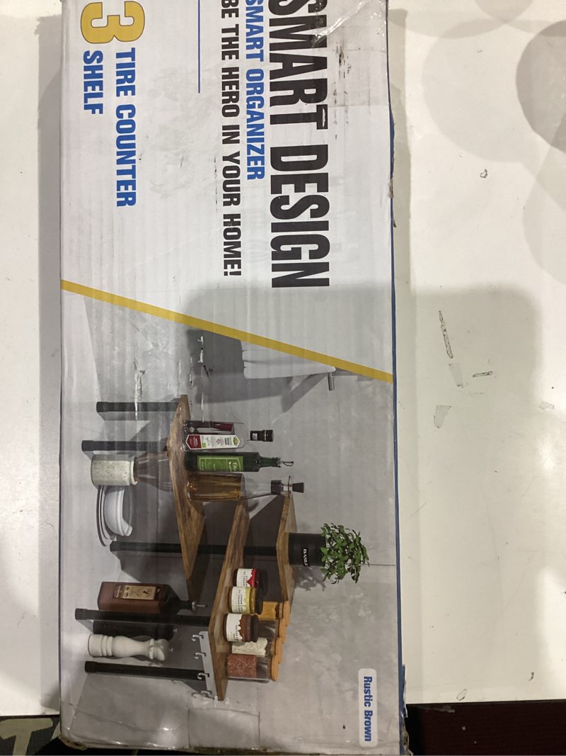 Condition photo showing As Is for JayRex Countertop Organizer Organization, 3 Tier Moveable Corner Shelf Organizer for Kitchen, Bathroom, Spice Rack, Coffee Area, Over Sink, Dresser Table (Rustic Brown)