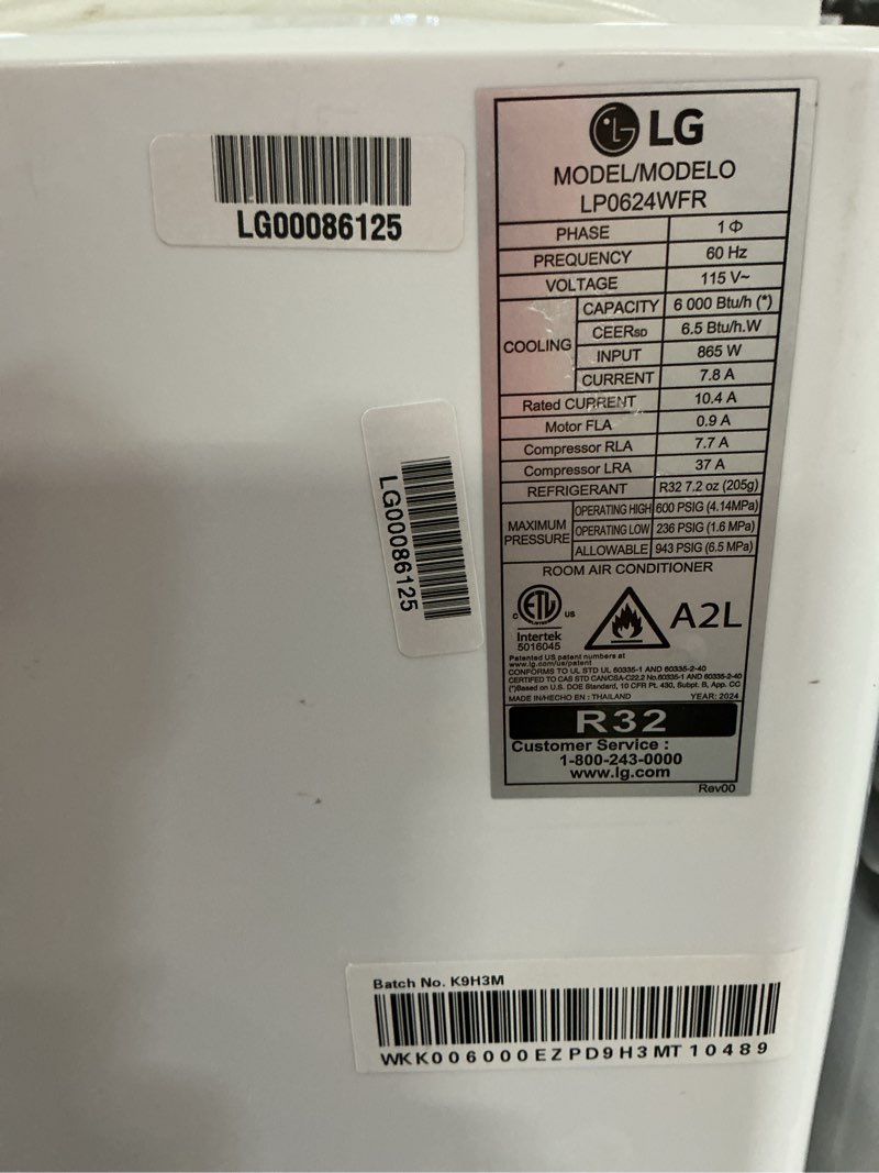 Condition photo showing As Is for lg 6,000 btu (sacc) / 8,765 btu (ashrae) portable air conditioner | cools up to 250 sq. ft.