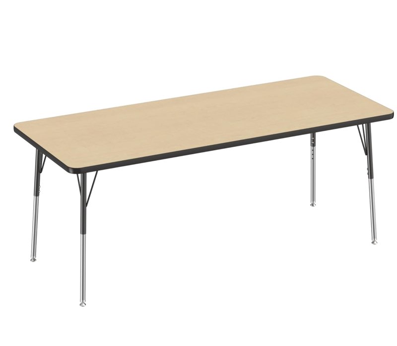 fdp rectangle activity school and office table (30 x 72 inch), standard legs with swivel glides, adjustable height 19-30 inches - maple top and black edge
