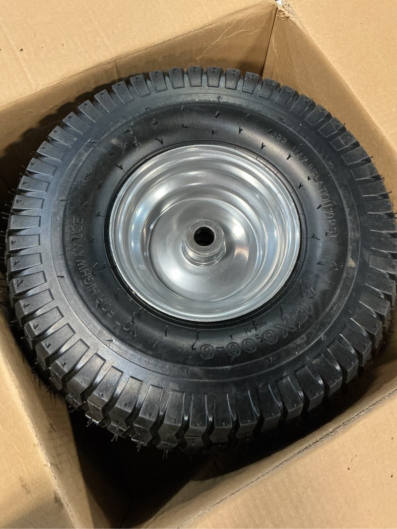 Condition photo showing Good Condition for (2 pack) rrq 15x6.00-6nhs lawn mower tires and wheel assembly, replacement riding lawn mower front tires, compatible with john deere craftsman husqvarna lawn mowers, 3/4" bushings, 3" centered hub