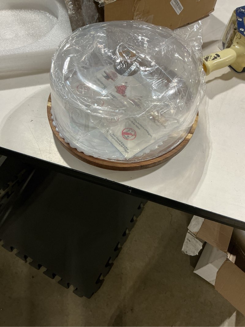 Condition photo showing Good Condition for rotating-wood-cake-stand with acrylic dome lid, round wooden cake holder plate with cover, 2-in-1 dessert table display set for party, charcuterie board for cheese, chips & dips, nachos, fruit platter rustic brown rotatable-round